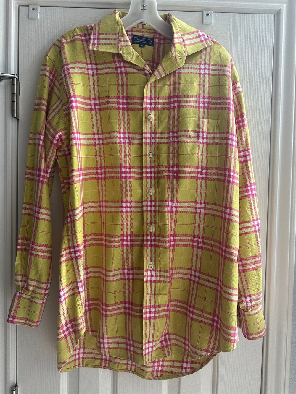 J McLaughlin Classic Plaid Button-Up Shirt in Lime Yellow Pink Imported Cotton M